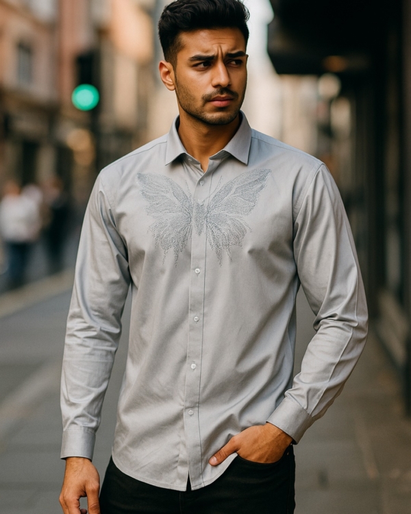 Men’s Premium Gray Shirt | Embroidered Bird Design | 100% Giza Cotton (Pehanoge)