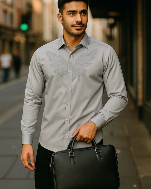 Men’s Premium Gray Shirt | Embroidered Bird Design | 100% Giza Cotton (Pehanoge)