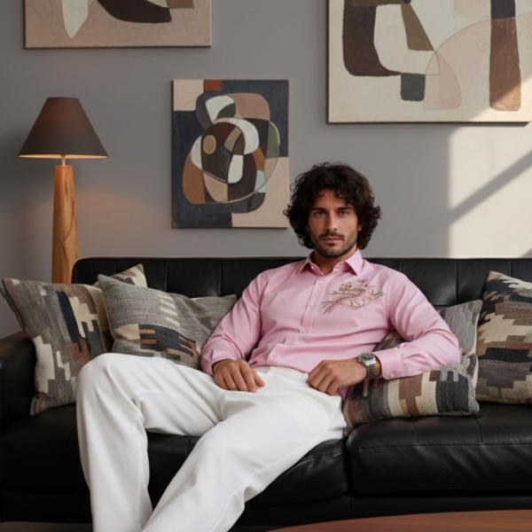 Pehanoge Rosetta Finch Giza Cotton Shirt | Luxury Bird Embroidery | Designer Pink Shirt