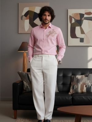 Pehanoge Rosetta Finch Giza Cotton Shirt | Luxury Bird Embroidery | Designer Pink Shirt