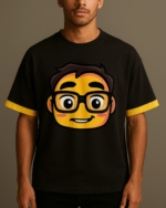Men’s Black Oversized Cotton T-Shirt | 240 GSM Heavyweight – Cartoon Face Print Streetwear