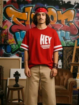 Pehanoge HEY Oversized Red T-Shirt | Silicon Wash Loop Net | Premium DTF Print