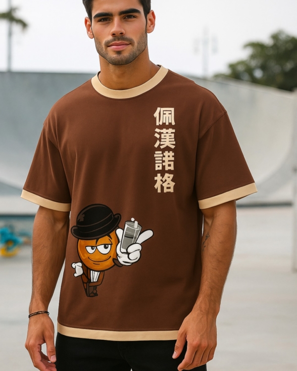 Men’s Brown Oversized Cotton T-Shirt | 240 GSM – Cartoon Print Streetwear