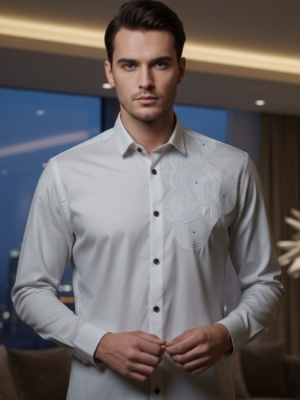 Men’s White Giza Cotton Shirt | Minimal Textured Embroidered Design |  Pehanoge