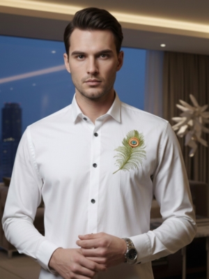 Men’s White Peacock Embroidered Giza Cotton Shirt | Premium Luxury by Pehanoge