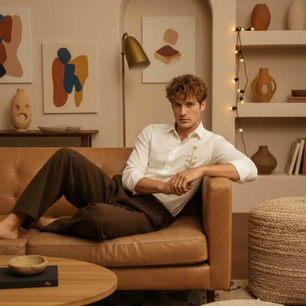 Pehanoge Flora Shirt 100% Giza Cotton Sunflower Embroidery Earth-Toned Luxe Edition