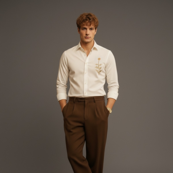 Pehanoge Flora Shirt | Giza Cotton | Sunflower Embroidery | Earth-Toned Luxe Edition