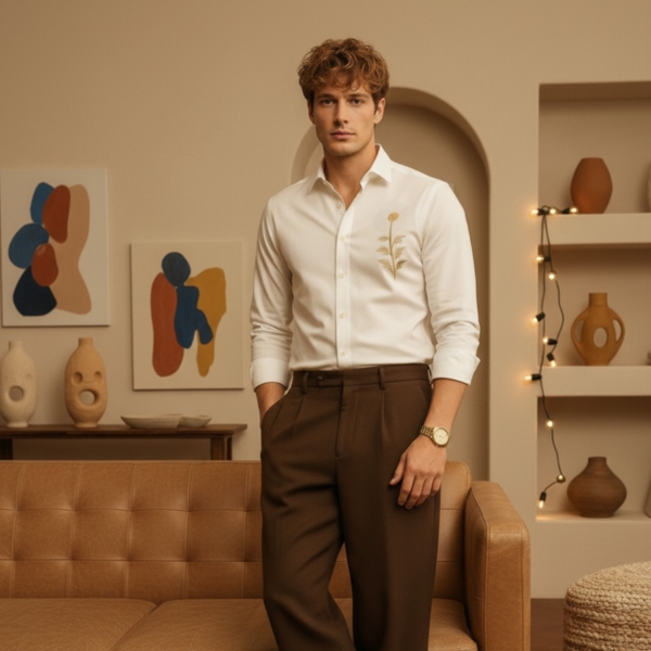 Pehanoge Flora Shirt | Giza Cotton | Sunflower Embroidery | Earth-Toned Luxe Edition