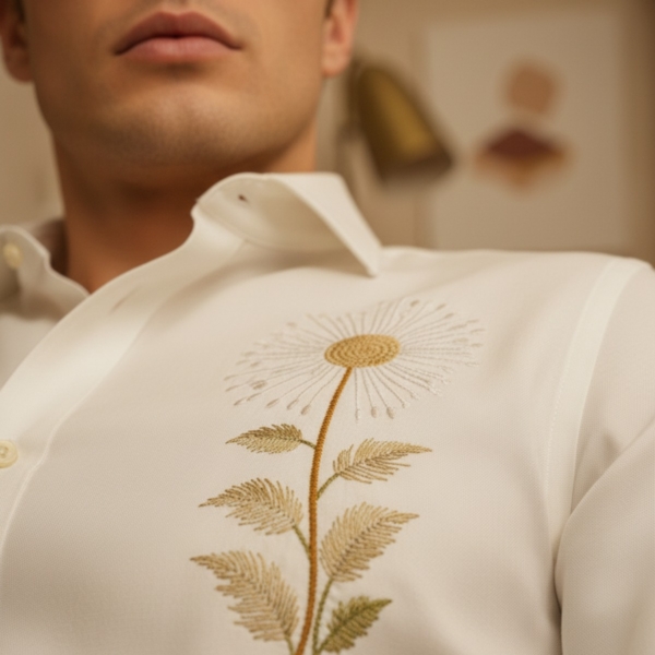 Pehanoge Flora Shirt | Giza Cotton | Sunflower Embroidery | Earth-Toned Luxe Edition