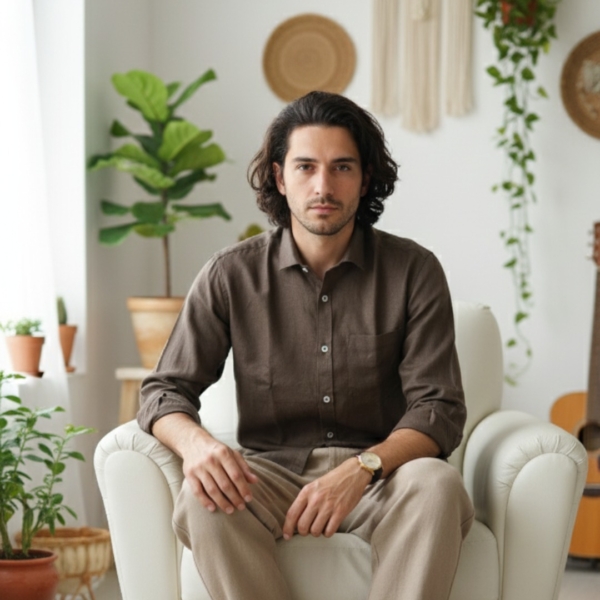 Pehanoge Mocha Linen Shirt Lifestyle Indoor Look