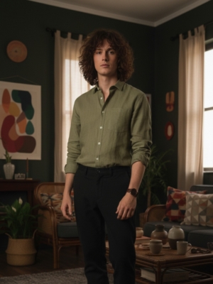 Pehanoge Olive Sage Linen Shirt Lifestyle Indoor Look