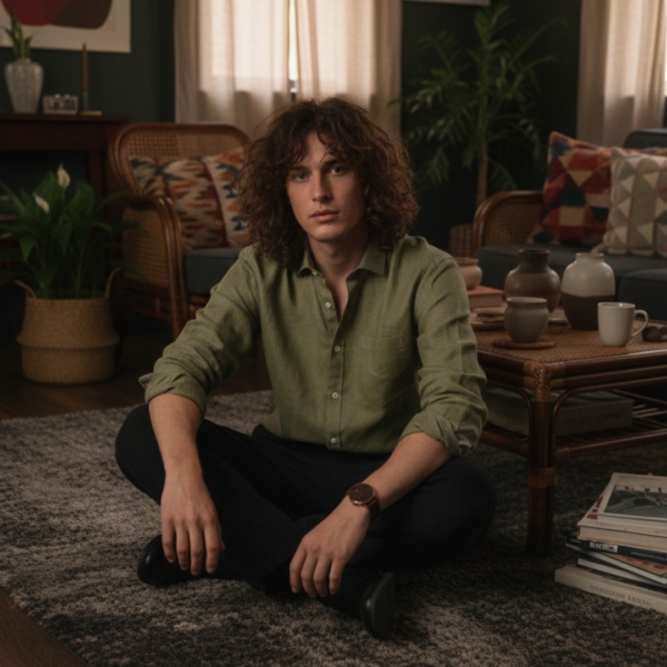 Pehanoge Olive Sage Linen Shirt Lifestyle Indoor Look