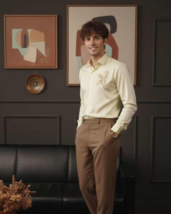 Pehanoge Solare Shirt | Giza Cotton | Feather Embroidery | Luxe Evening Edition