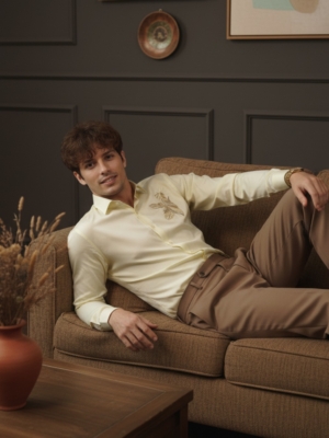 Pehanoge Solare Shirt | Giza Cotton | Feather Embroidery | Luxe Evening Edition